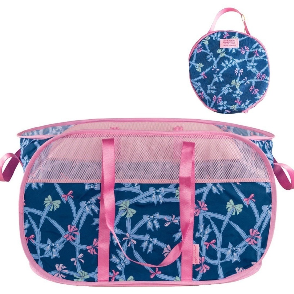 Simply Southern Bow Pattern Collapsible Trunk Beach Tote Bag Blue NWT